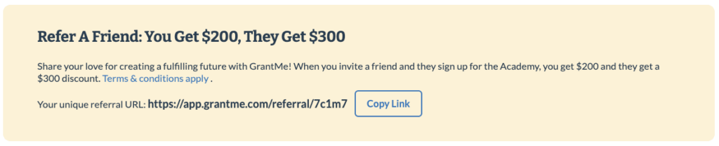 Screenshot of the Refer A Friend block on the GrantMe Platform